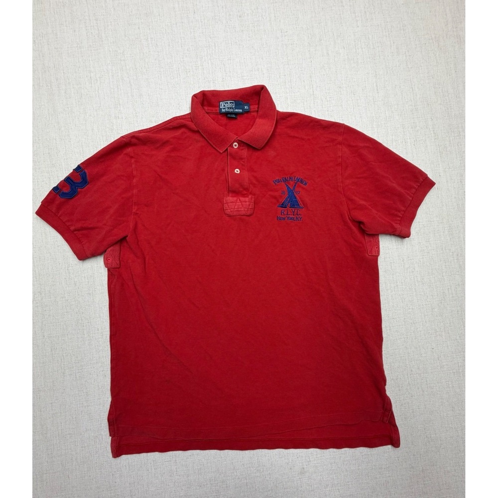Polo Ralph Lauren Red RLYC Yacht Club Polo Shirt Mens XL Blue 3 Patch Nautical